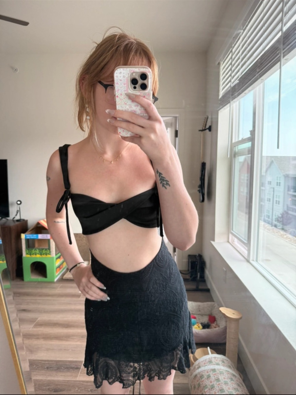 SHEIN Black Cutout Lace Tie-Shoulder Mini Dress